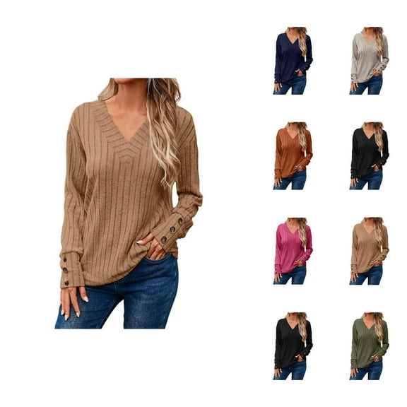 Sweaters for Women 2025 Fall Winter Long Sleeve V-Neck Casual Ribbed Knit Jumper Tops Womens Pullover Sweaters