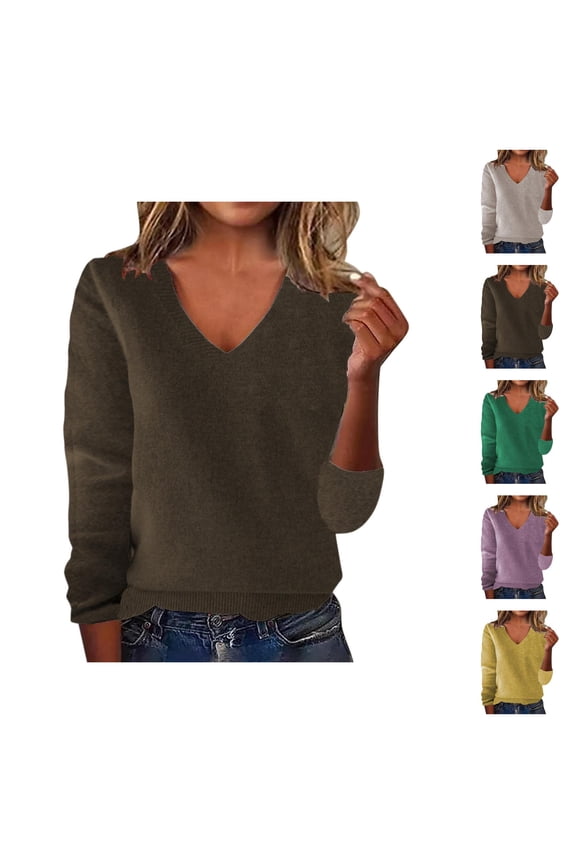 Sweaters for Women 2025 Fall Winter Long Sleeve V-Neck Loose Knit Sweater Jumper Tops Womens Pullover Sweaters