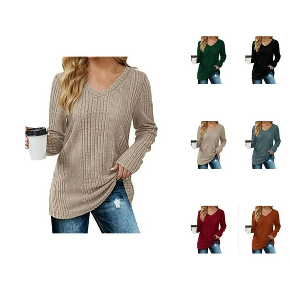 Sweaters for Women 2025 Fall Winter Long Sleeve V-Neck Solid Ribbed Knit Sweater Jumper Top Womens Pullover Sweaters