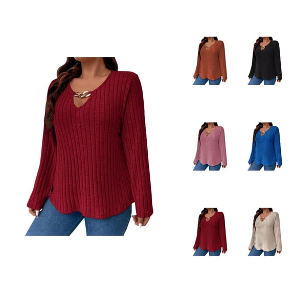 Sweaters for Women 2025 Fall Winter Plus Size V-Neck Long Sleeve Ribbed Knit Jumper Tops Womens Pullover Sweaters