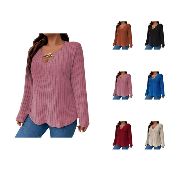 Sweaters for Women 2025 Fall Winter Plus Size V-Neck Long Sleeve Ribbed Knit Jumper Tops Womens Pullover Sweaters