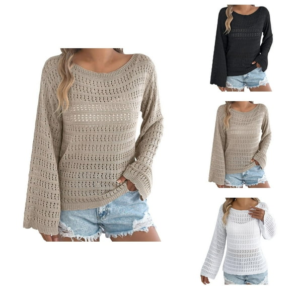Sweaters for Women 2025 Lightweight Casual Long Sleeve Loose Crochet Hollow Out Knit Jumper Womens Pullover Sweaters