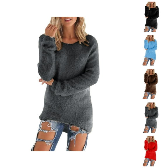 Sweaters for Women 2025 Lightweight Long Sleeve Crewneck Soft Fuzzy Sweater Jumper Top Womens Pullover Sweaters