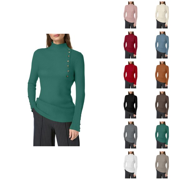 Sweaters for Women 2025 Long Sleeve Half Turtleneck Button Ribbed Knit Sweater Jumper Top Womens Pullover Sweaters