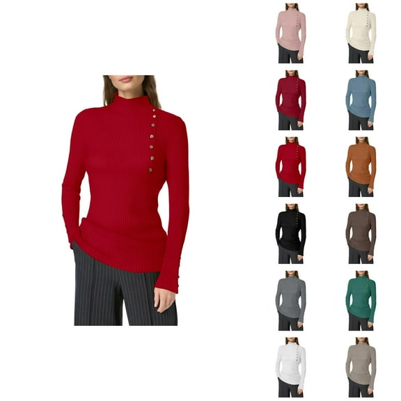 Sweaters for Women 2025 Long Sleeve Half Turtleneck Button Ribbed Knit Sweater Jumper Top Womens Pullover Sweaters