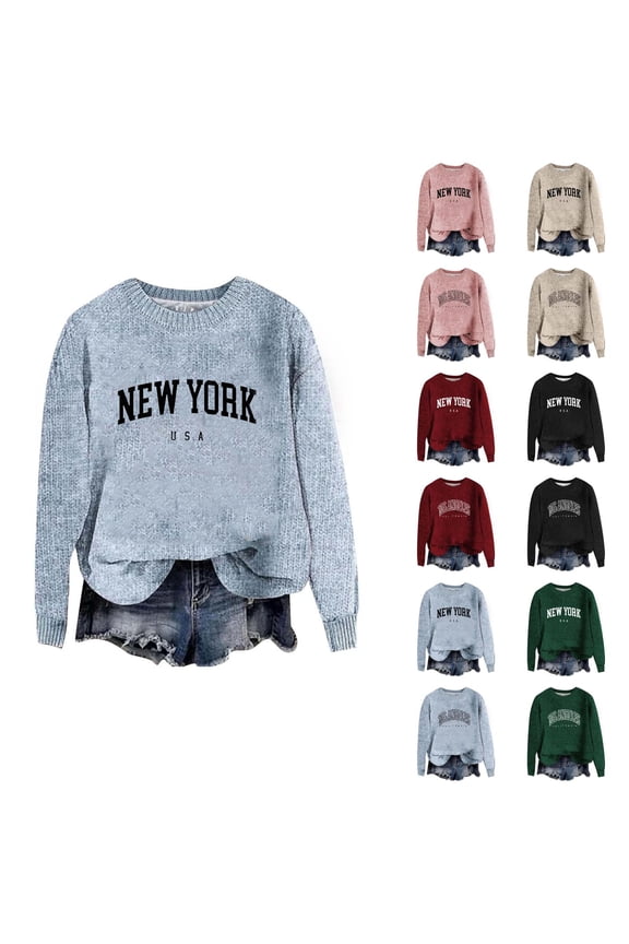 Sweaters for Women 2025 New York Sweatshirt Long Sleeve Crewneck Drop Shoulder Jumper Top Womens Pullover Sweaters