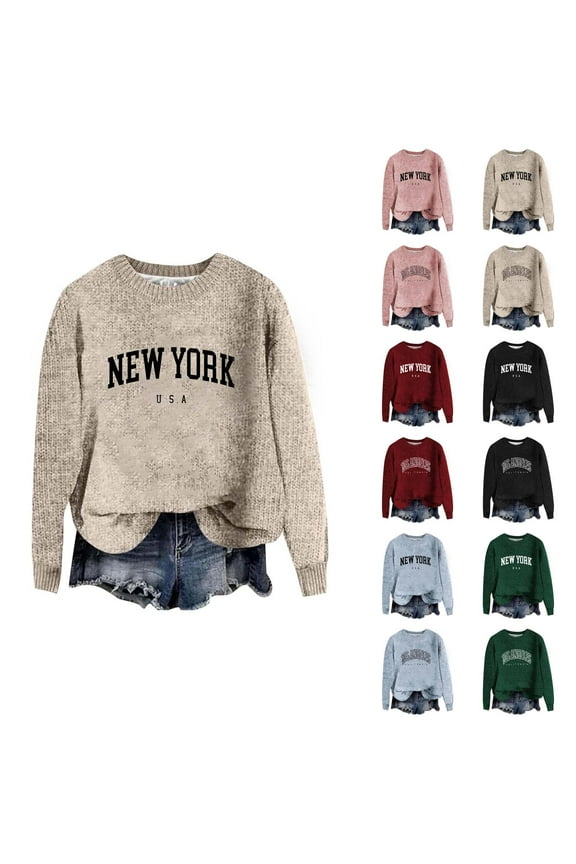 Sweaters for Women 2025 New York Sweatshirt Long Sleeve Crewneck Drop Shoulder Jumper Top Womens Pullover Sweaters