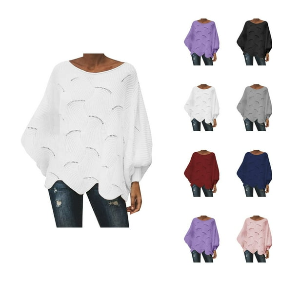 Sweaters for Women 2025 Oversized Hollow Out Crochet Irregular Hem Batwing Boat Neck Jumper Womens Pullover Sweaters