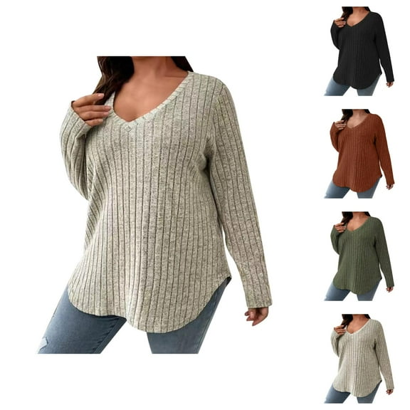 Sweaters for Women 2025 Oversized Long Sleeve V-Neck Ribbed Knit Plain Basic Jumper Top Womens Pullover Sweaters