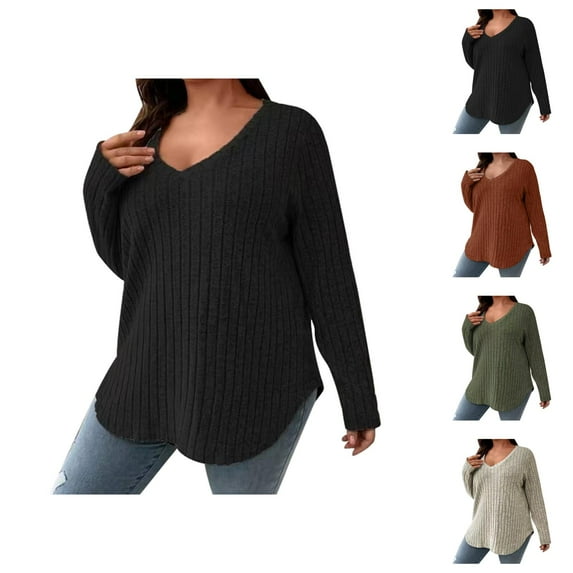 Sweaters for Women 2025 Oversized Long Sleeve V-Neck Ribbed Knit Plain Basic Jumper Top Womens Pullover Sweaters
