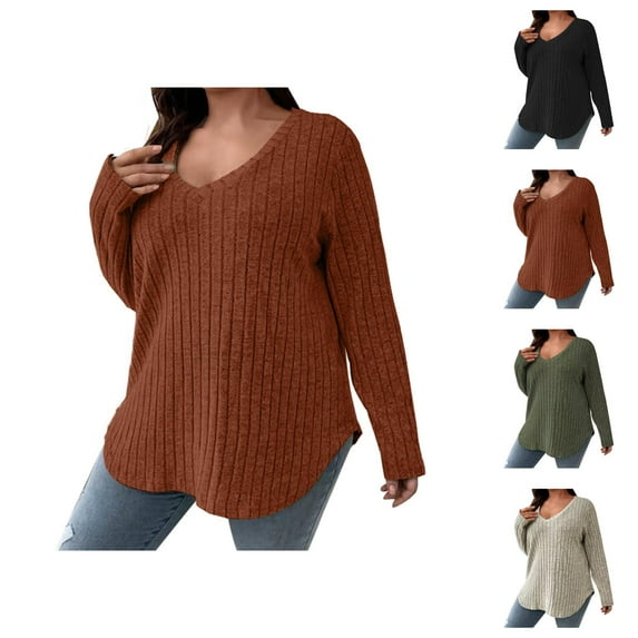 Sweaters for Women 2025 Oversized Long Sleeve V-Neck Ribbed Knit Plain Basic Jumper Top Womens Pullover Sweaters