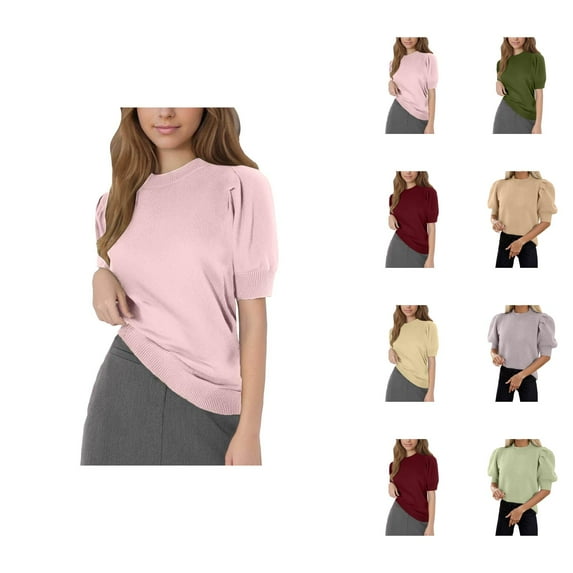 Sweaters for Women 2025 Puff Short Sleeve Crewneck T-Shirt Summer Fall Jumper Top Womens Pullover Sweaters