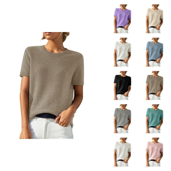 Sweaters for Women 2025 Short Sleeve Crewneck Lightweight Loose Summer Jumper Top Womens Pullover Sweaters