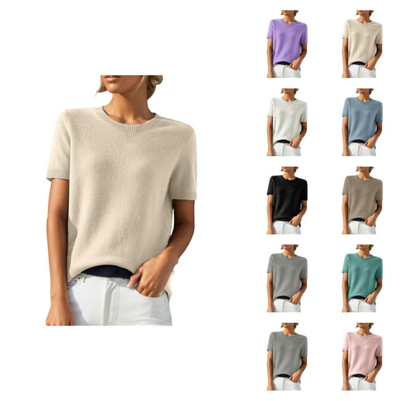 Sweaters for Women 2025 Short Sleeve Crewneck Lightweight Loose Summer Jumper Top Womens Pullover Sweaters