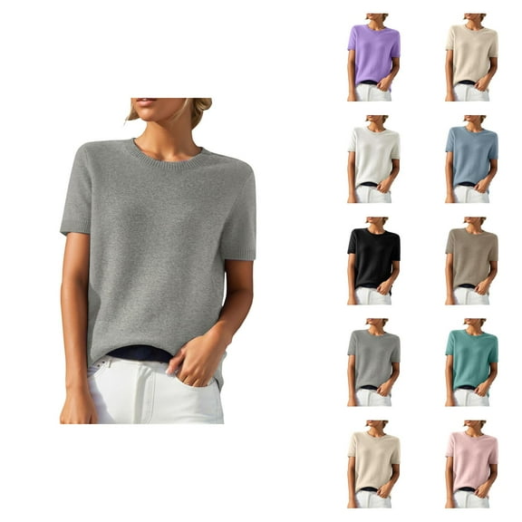 Sweaters for Women 2025 Short Sleeve Crewneck Lightweight Loose Summer Jumper Top Womens Pullover Sweaters
