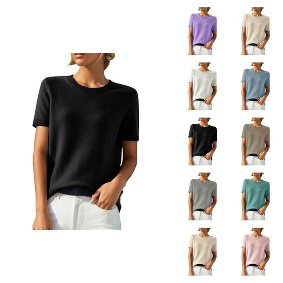 Sweaters for Women 2025 Short Sleeve Crewneck Lightweight Loose Summer Jumper Top Womens Pullover Sweaters