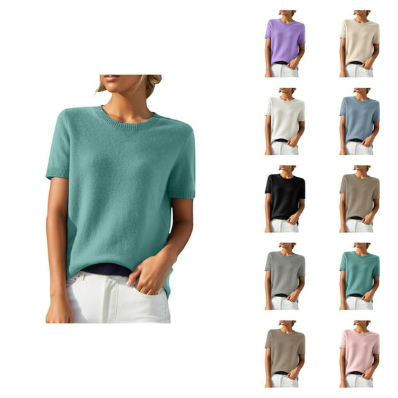 Sweaters for Women 2025 Short Sleeve Crewneck Lightweight Loose Summer Jumper Top Womens Pullover Sweaters