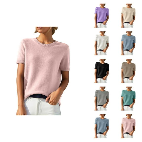 Sweaters for Women 2025 Short Sleeve Crewneck Lightweight Loose Summer Jumper Top Womens Pullover Sweaters