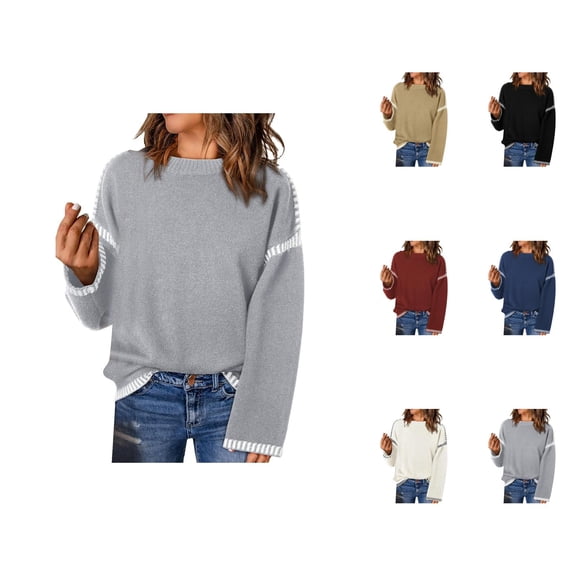 Sweaters for Women 2025 Solid Crewneck Loose Fit Long Sleeve Contrast Cable Knit Jumper Tops Womens Pullover Sweaters