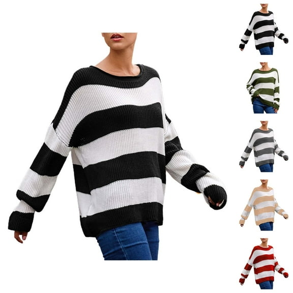 Sweaters for Women 2025 Striped Color Block Long Sleeve Crewneck Loose Knitted Jumper Top Womens Pullover Sweaters