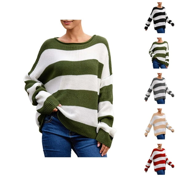 Sweaters for Women 2025 Striped Color Block Long Sleeve Crewneck Loose Knitted Jumper Top Womens Pullover Sweaters