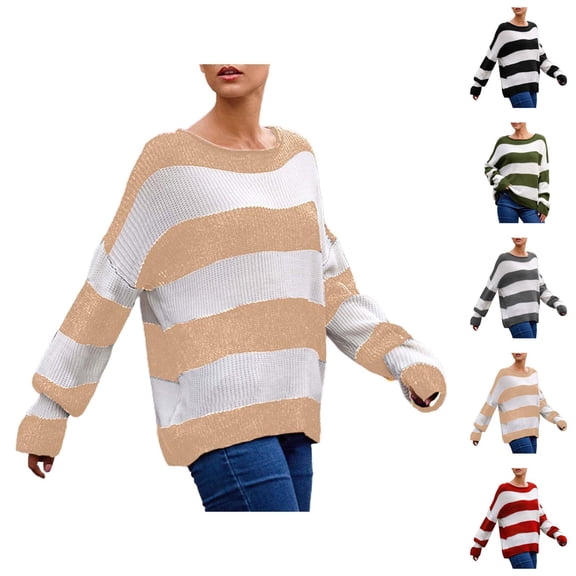 Sweaters for Women 2025 Striped Color Block Long Sleeve Crewneck Loose Knitted Jumper Top Womens Pullover Sweaters