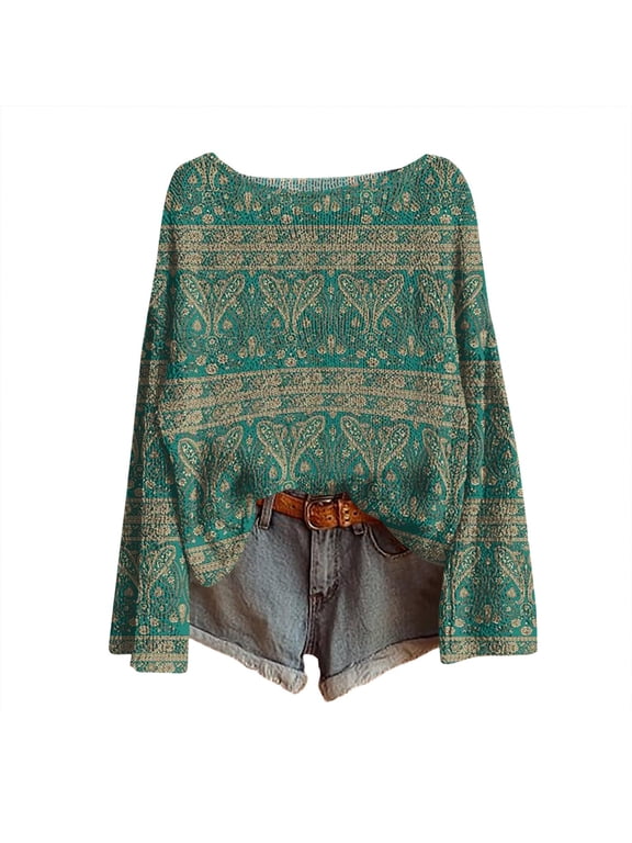 Sweaters for Women 2026 Trendy Graphic Print Long Sleeve Crew Neck Pullover Spring Fall Casual Loose Fit Tunic Tops