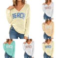 thumbnail image 1 of Sweaters for Women Beach Cover Ups Letter Long Sleeve V Neck Beach Sweater Split Hem Knit Crochet Tops Pullovers Jumper Top, 1 of 7