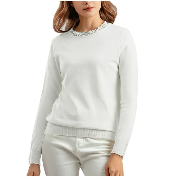 Sweaters for Women Beaded Pullover Sweater Womens Round Neck Long Sleeve Knitwear Loose Bottom Blouse Blouses for Women