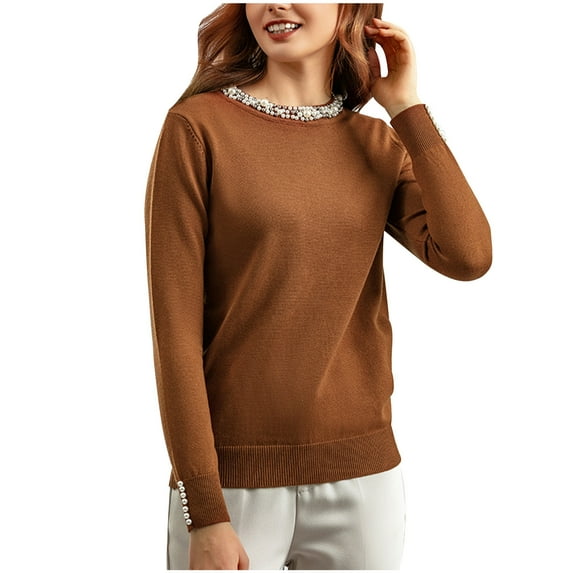 Sweaters for Women Beaded Pullover Sweater Womens Round Neck Long Sleeve Knitwear Loose Bottom Blouse Blouses for Women