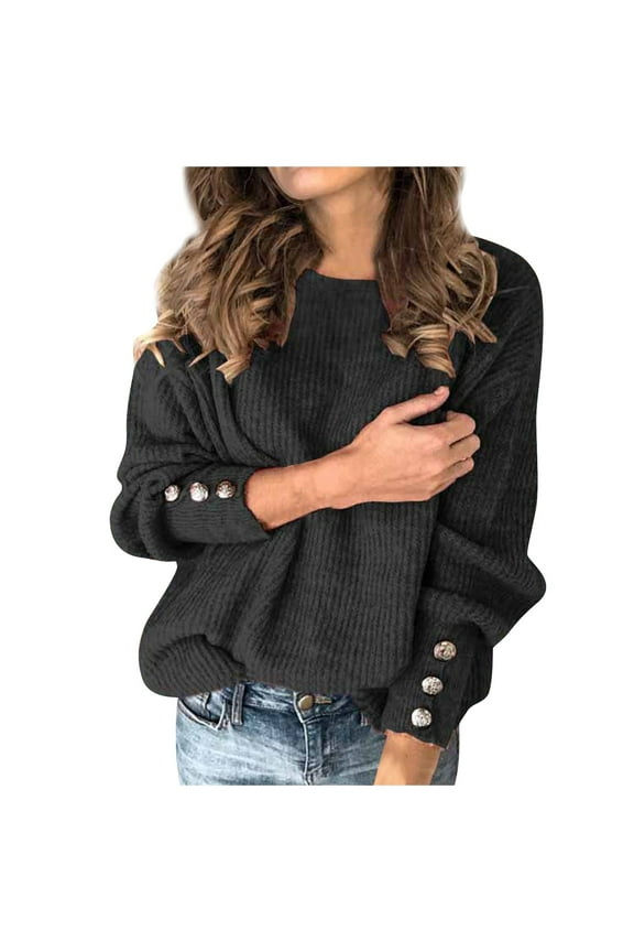 Sweaters for Women,Bow Collar Knit Top Solid Color Button Detail Blouse Long Sleeve Warm Shirt Casual Pullover,Womens Sweaters,Black,L