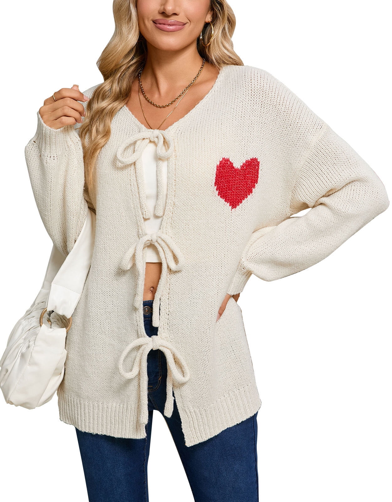 Sweaters for Women Cable Knit Sweater Tie Strap V Neck Casual Long