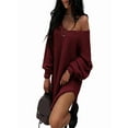 thumbnail image 1 of Sweaters for Women Cable Knit V Neck Solid Color Long Sleeve Casual Loose Fit Soft Pullover Tops Wine Red XXXL, 1 of 5