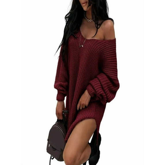 Sweaters for Women Cable Knit V Neck Solid Color Long Sleeve Casual Loose Fit Soft Pullover Tops Wine Red XXXL