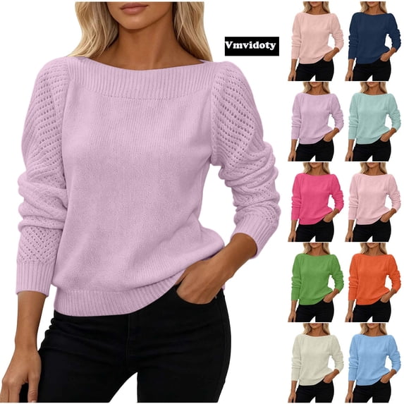 Sweaters for Women Casual Crew Neck Long Sleeve Pullover Winter Lightweight Crochet Hollow Out Knit Jumper Purple 2XL