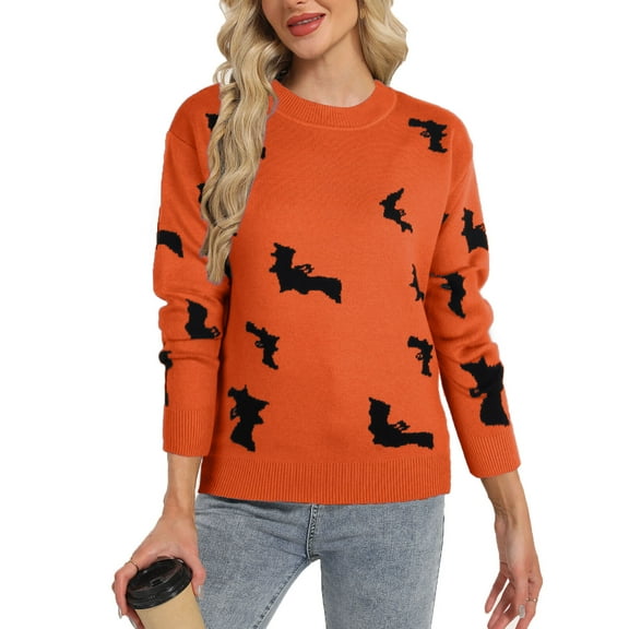 Sweaters for Women Casual Crewneck Long Sleeve Halloween Bat Print Knitted Warm Fall Winter Pullover Sweater Tops Alsol Lamesa