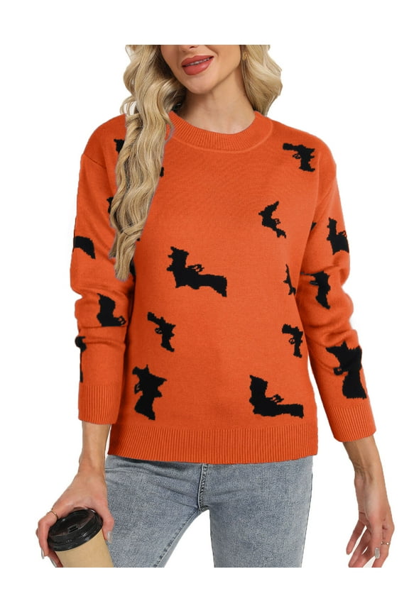 Sweaters for Women Casual Crewneck Long Sleeve Halloween Bat Print Knitted Warm Fall Winter Pullover Sweater Tops Alsol Lamesa