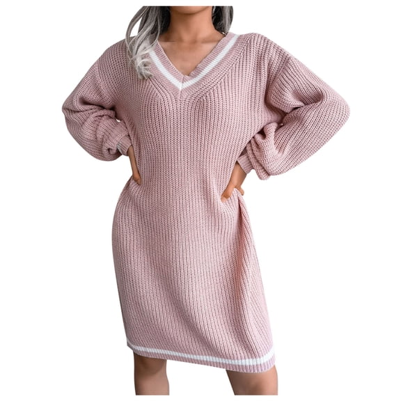 Sweaters for Women Casual Dress V-Neck Long Sleeve Solid Color Knitted Fall Outfits Clothes,Pink,L