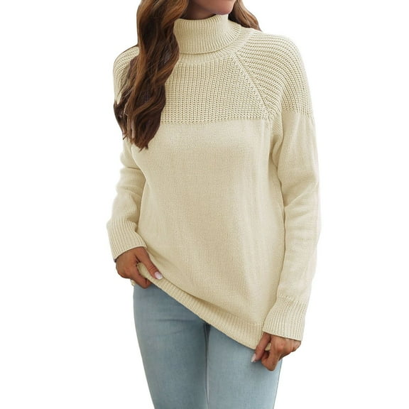 Sweaters for Women Casual Fall Winter Raglan Sleeve High Neck Pullover Knit Long Sleeve Women Blouses,Beige,L