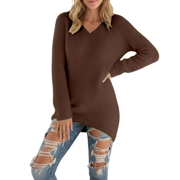 Sweaters for Women Casual Fall Winter Solid Color Long Sleeve Pullover V Neck Plus Size Fall Outerwear,Coffee,M