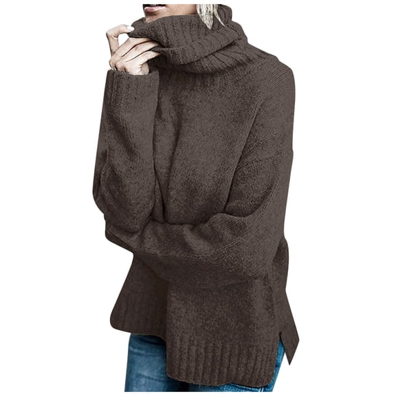 Sweaters for Women Casual Knitted High Neck Long-Sleeved Pullover Fall Outwear Winter Clothing,Brown,XL
