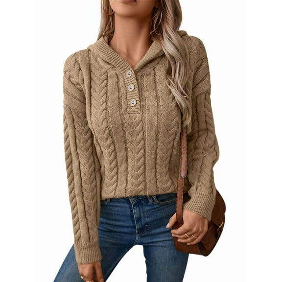 Sweaters for Women Casual Solid Long Sleeve Button Down Chunky Knit Hooded Sweaters Khaki M