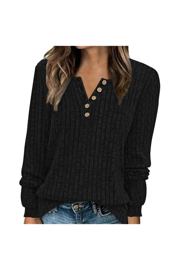 Sweaters for Women Casual Solid Long Sleeve Womens Round Neck Buttoned Knit Tunic Tops Fashion Sweater