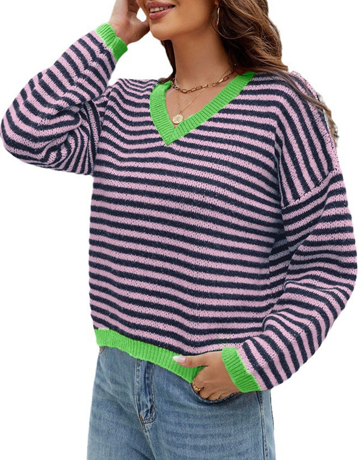 Sweaters for Women Casual V Neck Long Sleeve Striped Knit Pullover