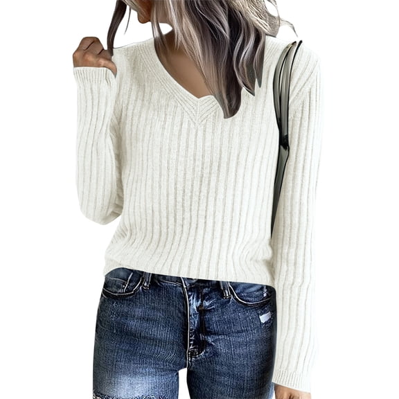 Sweaters for Women Casual V Neck Loose Long Sleeve Knit Solid Color Cozy Pullover Tops White One Size