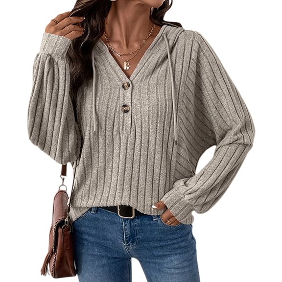 Sweaters for Women Causal V Neck Hooded Sweater Knit Long Sleeve Fall Tops Khaki XL