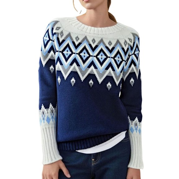 Sweaters for Women Classic Argyle Print Round Neck Long Sleeve Color Block Knit Sweater Loose Fashion All Season Outer Top