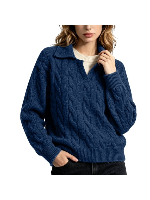 Sweaters for Women Collared V Neck Cable Knit Sweater Wool Blend Long Sleeve Loose Casual Knit Pullover Tops