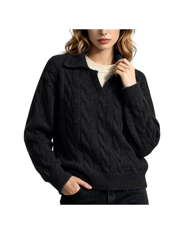 Sweaters for Women Collared V Neck Cable Knit Sweater Wool Blend Long Sleeve Loose Casual Knit Pullover Tops