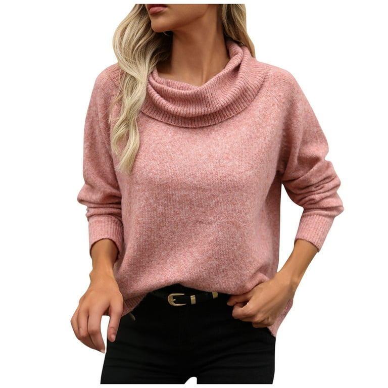 Sweaters for Women Cowl Neck Long Sleeve Off Shoulder Casual Loose Knit Pullover Sweater 2024 Fall Winter Solid Color Jumper Tops